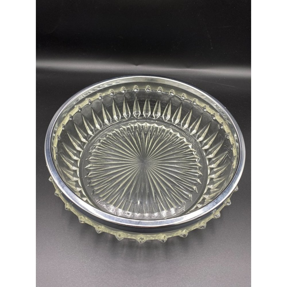 Vintage Pressed Glass Chrome Rim Serving Bowl 8 1/2" D